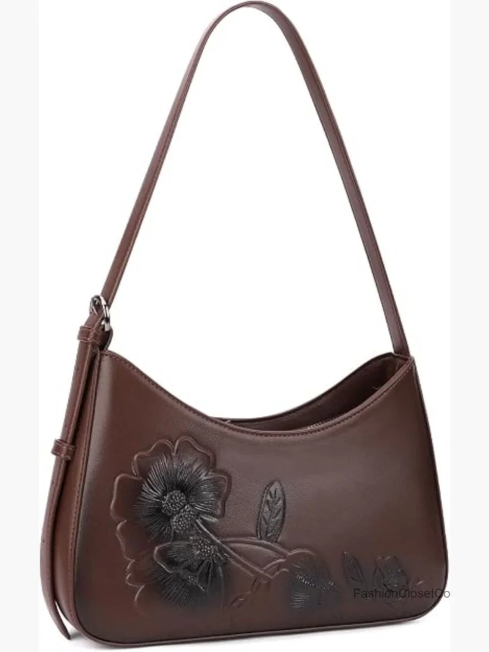 Small Vegan Leather Hobo Crossbody Purse with Floral Embossed Adjustable Strap